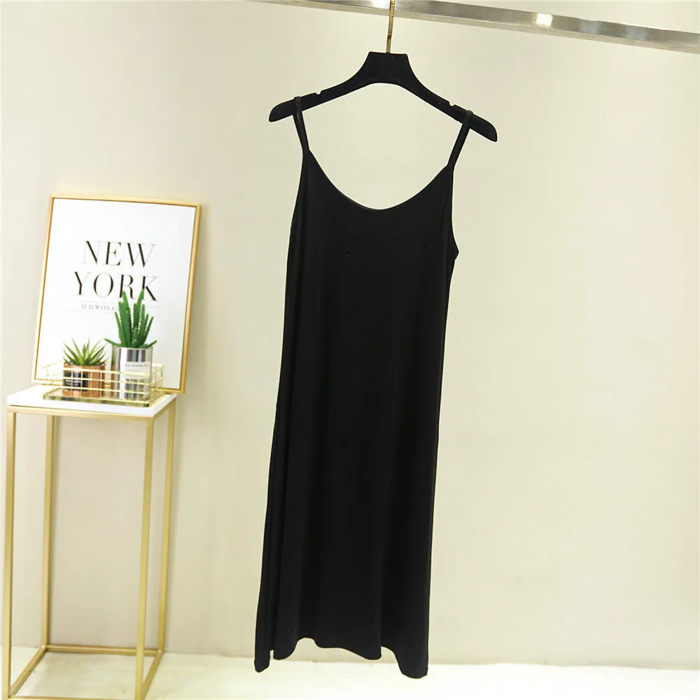 Summer Modal Round-Neck Slip Dress Korean Mid-Length Solid Colored Camisole Dress