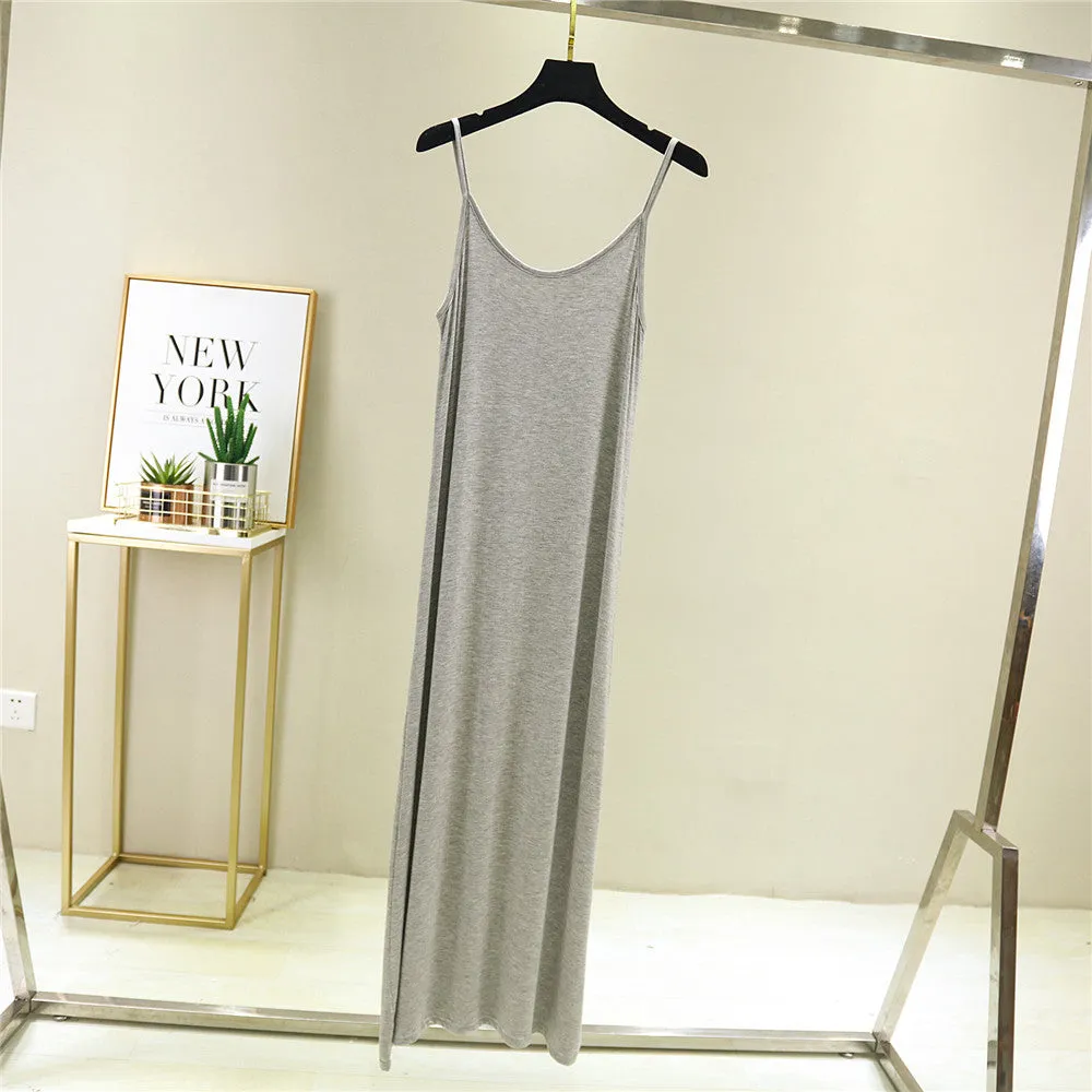 Summer Modal Round-Neck Slip Dress Korean Mid-Length Solid Colored Camisole Dress