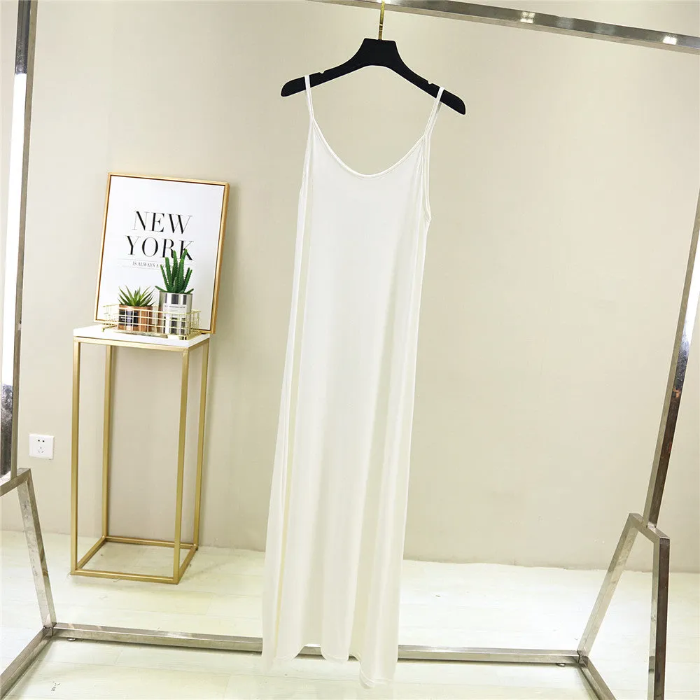 Summer Modal Round-Neck Slip Dress Korean Mid-Length Solid Colored Camisole Dress