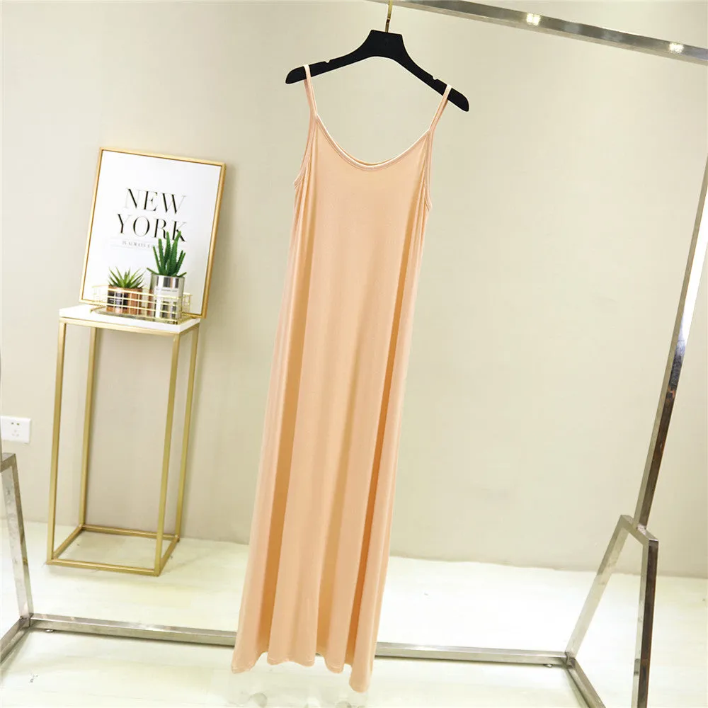 Summer Modal Round-Neck Slip Dress Korean Mid-Length Solid Colored Camisole Dress