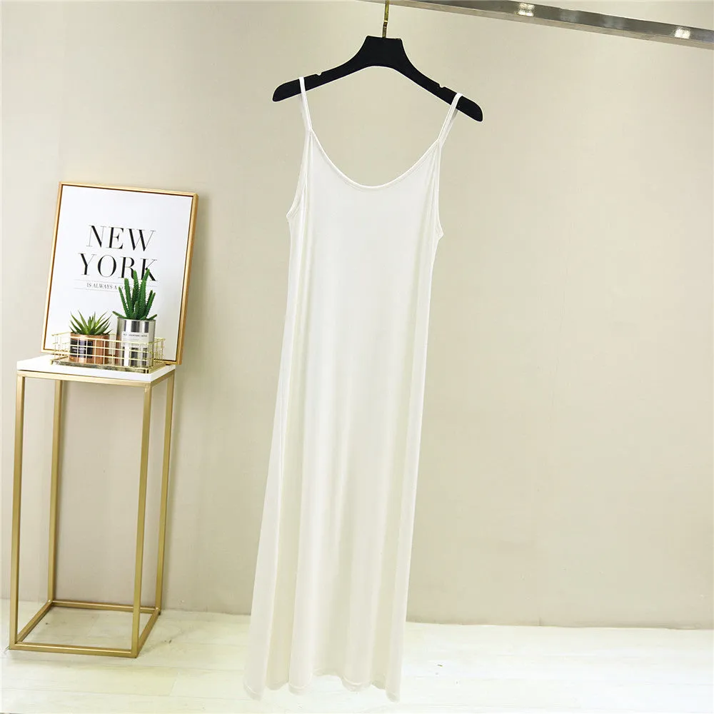 Summer Modal Round-Neck Slip Dress Korean Mid-Length Solid Colored Camisole Dress