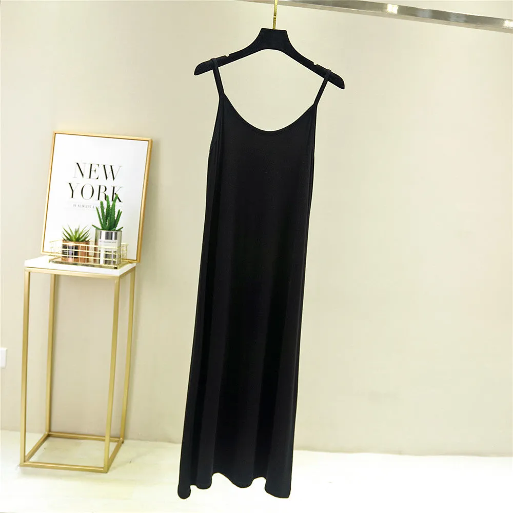 Summer Modal Round-Neck Slip Dress Korean Mid-Length Solid Colored Camisole Dress