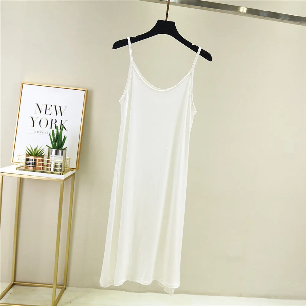 Summer Modal Round-Neck Slip Dress Korean Mid-Length Solid Colored Camisole Dress