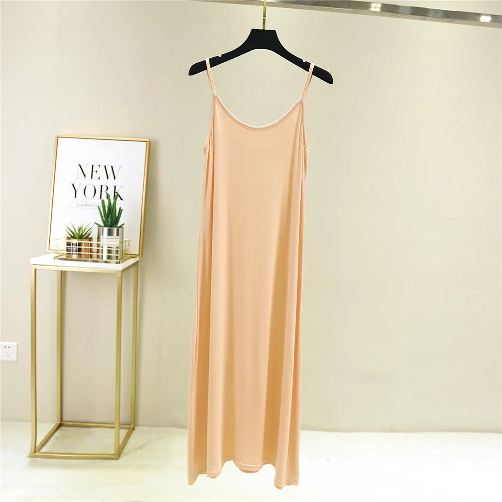 Summer Modal Round-Neck Slip Dress Korean Mid-Length Solid Colored Camisole Dress