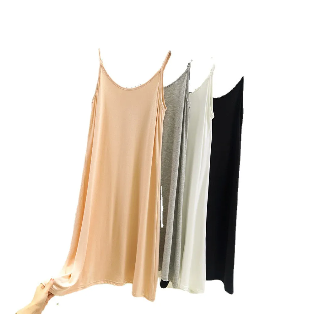 Summer Modal Round-Neck Slip Dress Korean Mid-Length Solid Colored Camisole Dress