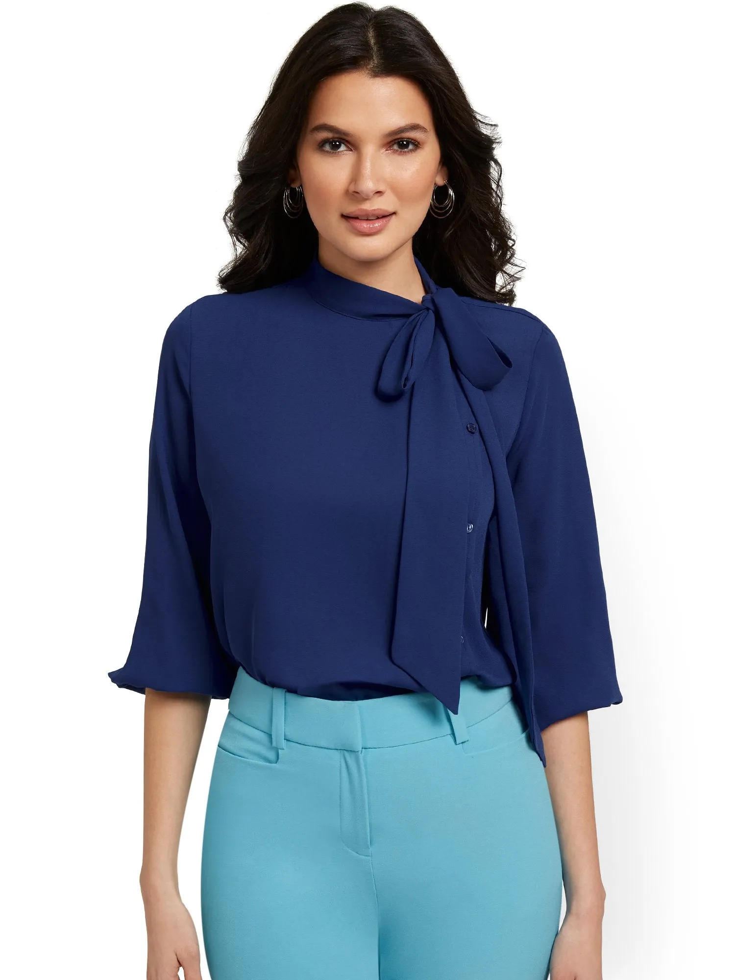 Tall Button-Front Bow-Neck Blouse