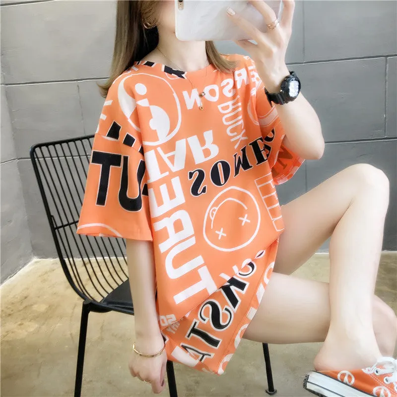 Trendy Short Sleeve T-Shirt Women Loose Student Popular INS Korean Mid-Length T-Shirt