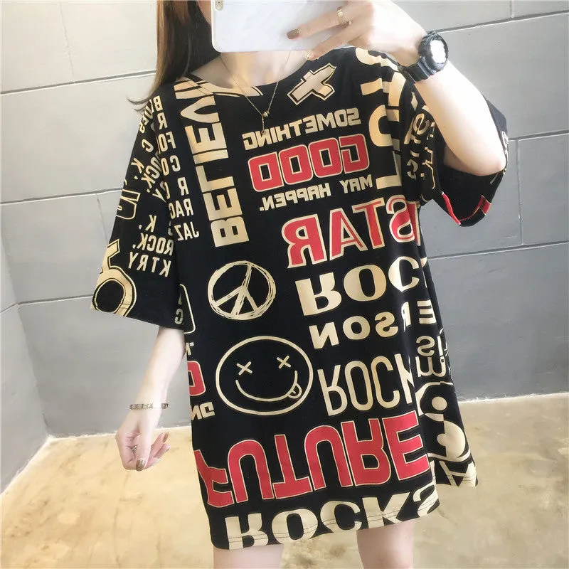 Trendy Short Sleeve T-Shirt Women Loose Student Popular INS Korean Mid-Length T-Shirt