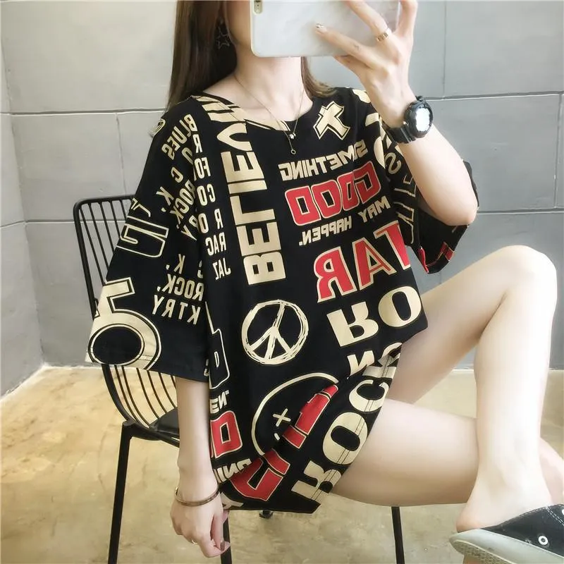 Trendy Short Sleeve T-Shirt Women Loose Student Popular INS Korean Mid-Length T-Shirt