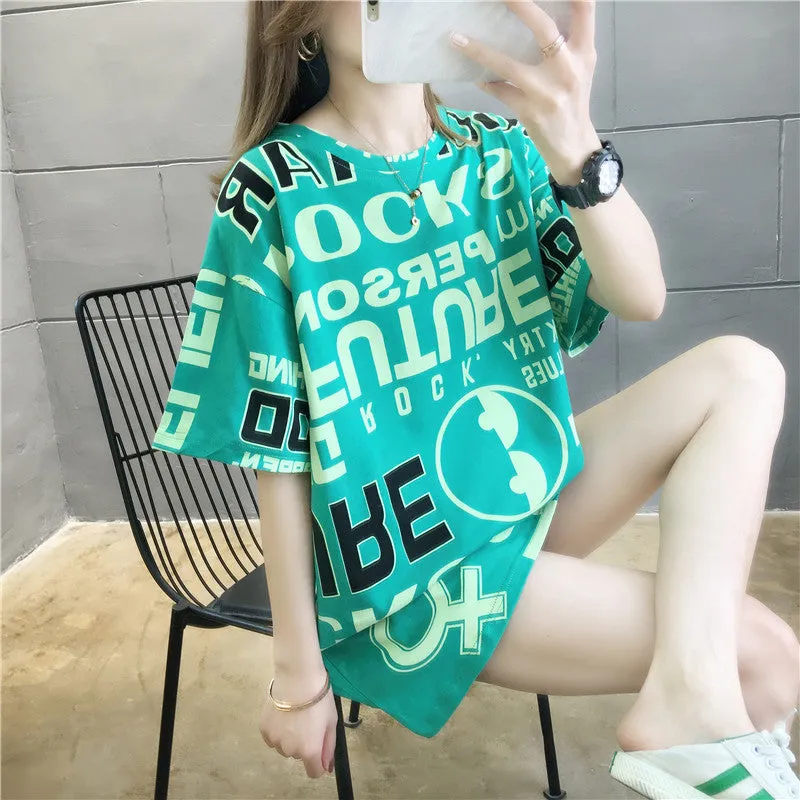 Trendy Short Sleeve T-Shirt Women Loose Student Popular INS Korean Mid-Length T-Shirt