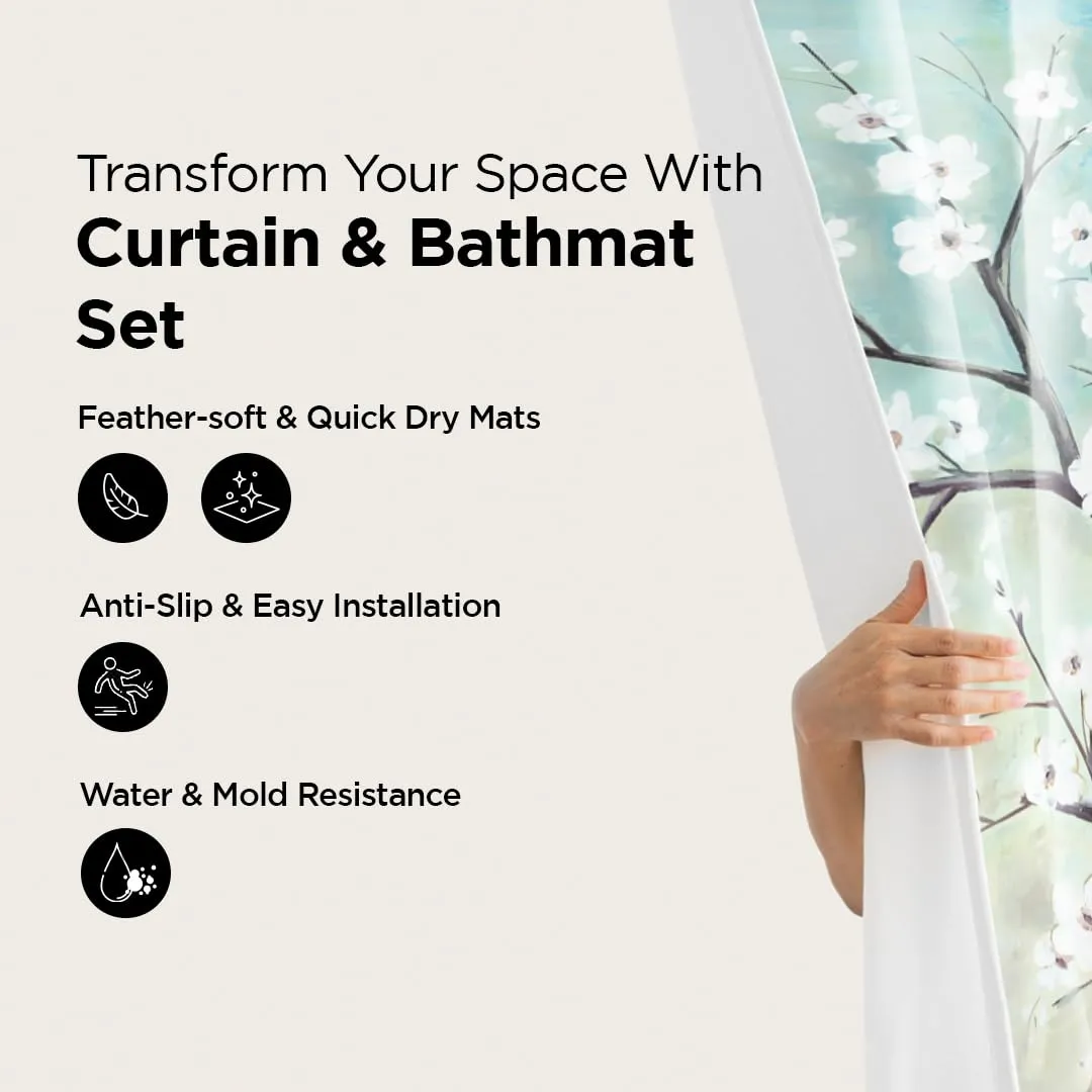 UMAI Shower Curtain (180X180 cm) & Bathmat 3 Pcs Set|6ft|Creative Vibrant Coloured Polyster Curtain Sets with Non-Slip Bath mats for Bathroom|Easy-Slide Curtains|Quick Dry,Soft Mats (Blue-Grey Leaves)