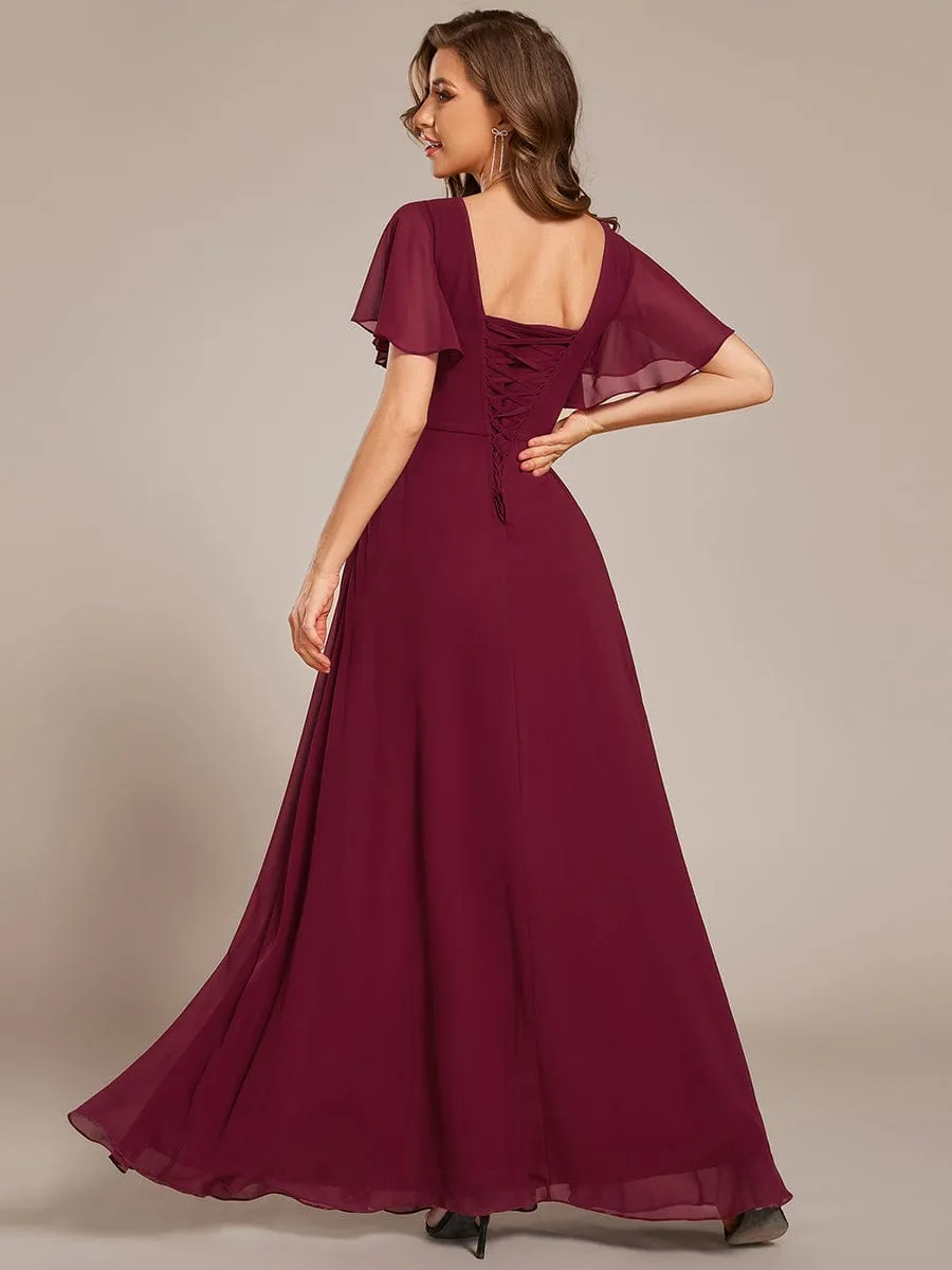 V-neck Lace-up Back Chiffon Maxi Bridesmaid Dress