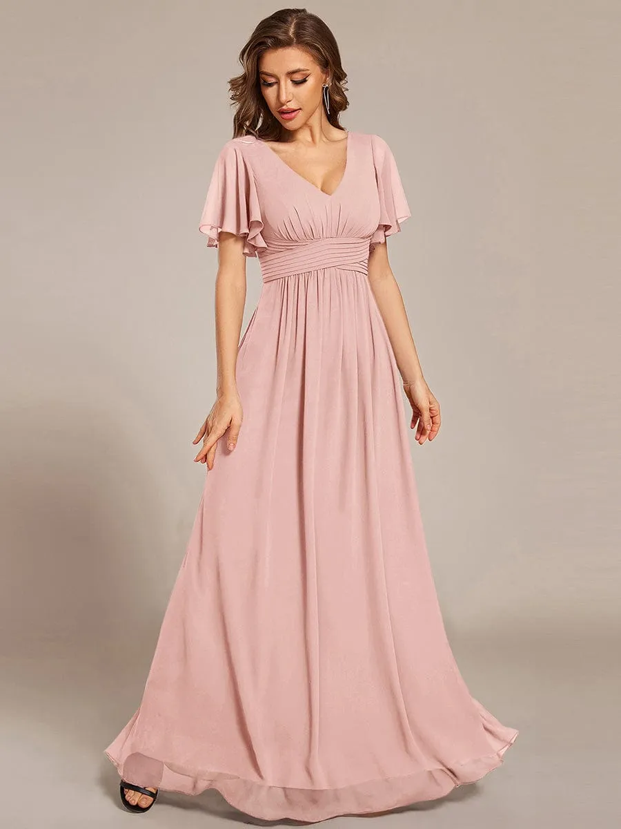 V-neck Lace-up Back Chiffon Maxi Bridesmaid Dress