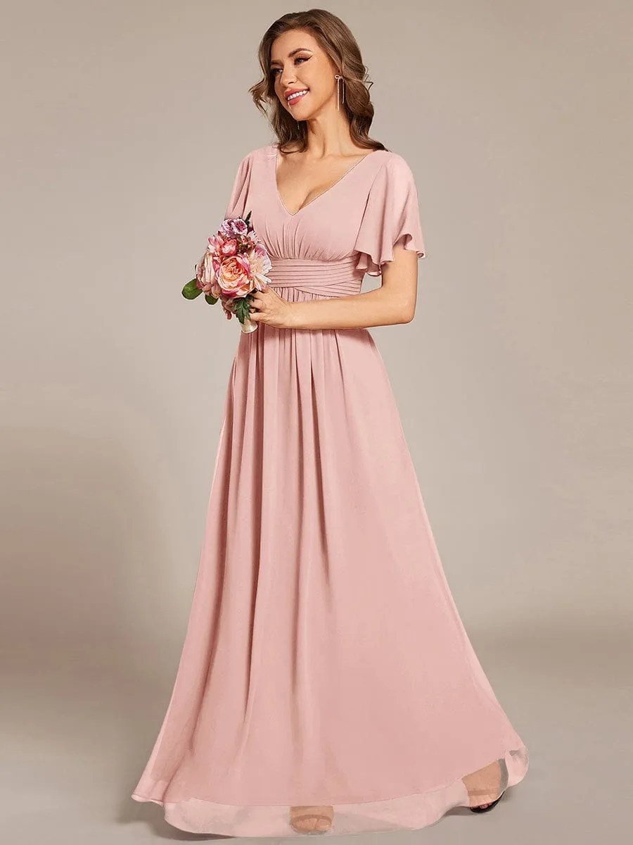 V-neck Lace-up Back Chiffon Maxi Bridesmaid Dress