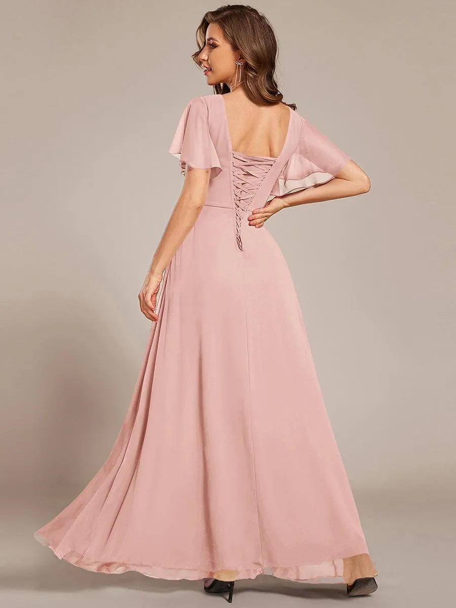 V-neck Lace-up Back Chiffon Maxi Bridesmaid Dress