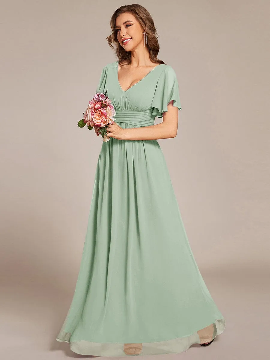 V-neck Lace-up Back Chiffon Maxi Bridesmaid Dress