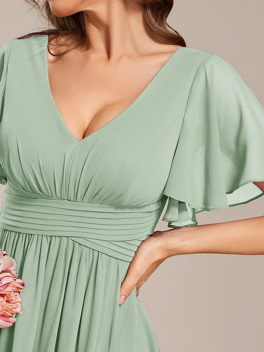 V-neck Lace-up Back Chiffon Maxi Bridesmaid Dress