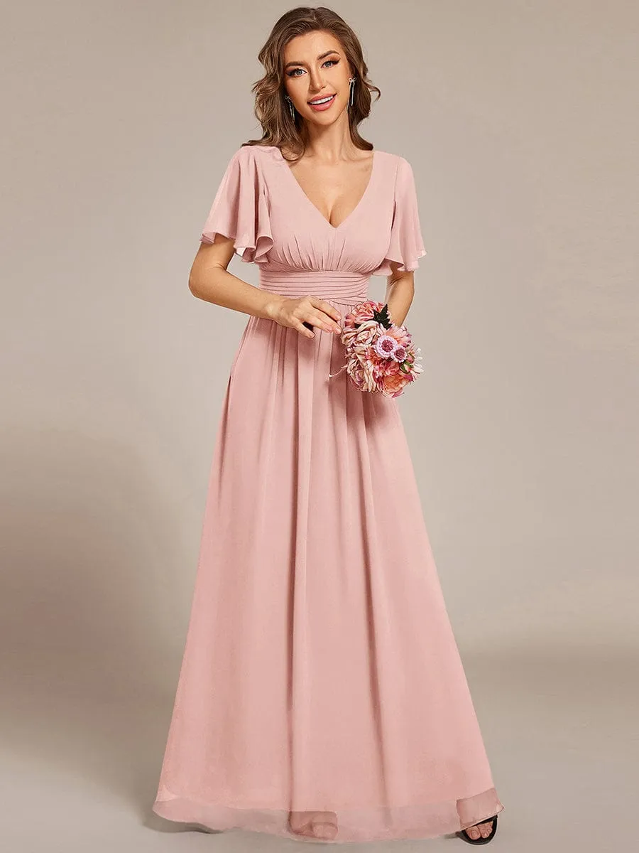 V-neck Lace-up Back Chiffon Maxi Bridesmaid Dress