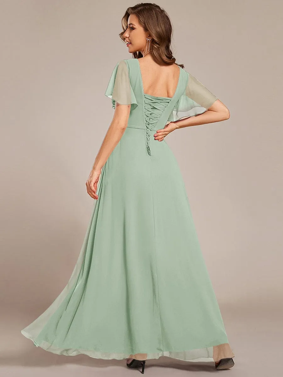 V-neck Lace-up Back Chiffon Maxi Bridesmaid Dress