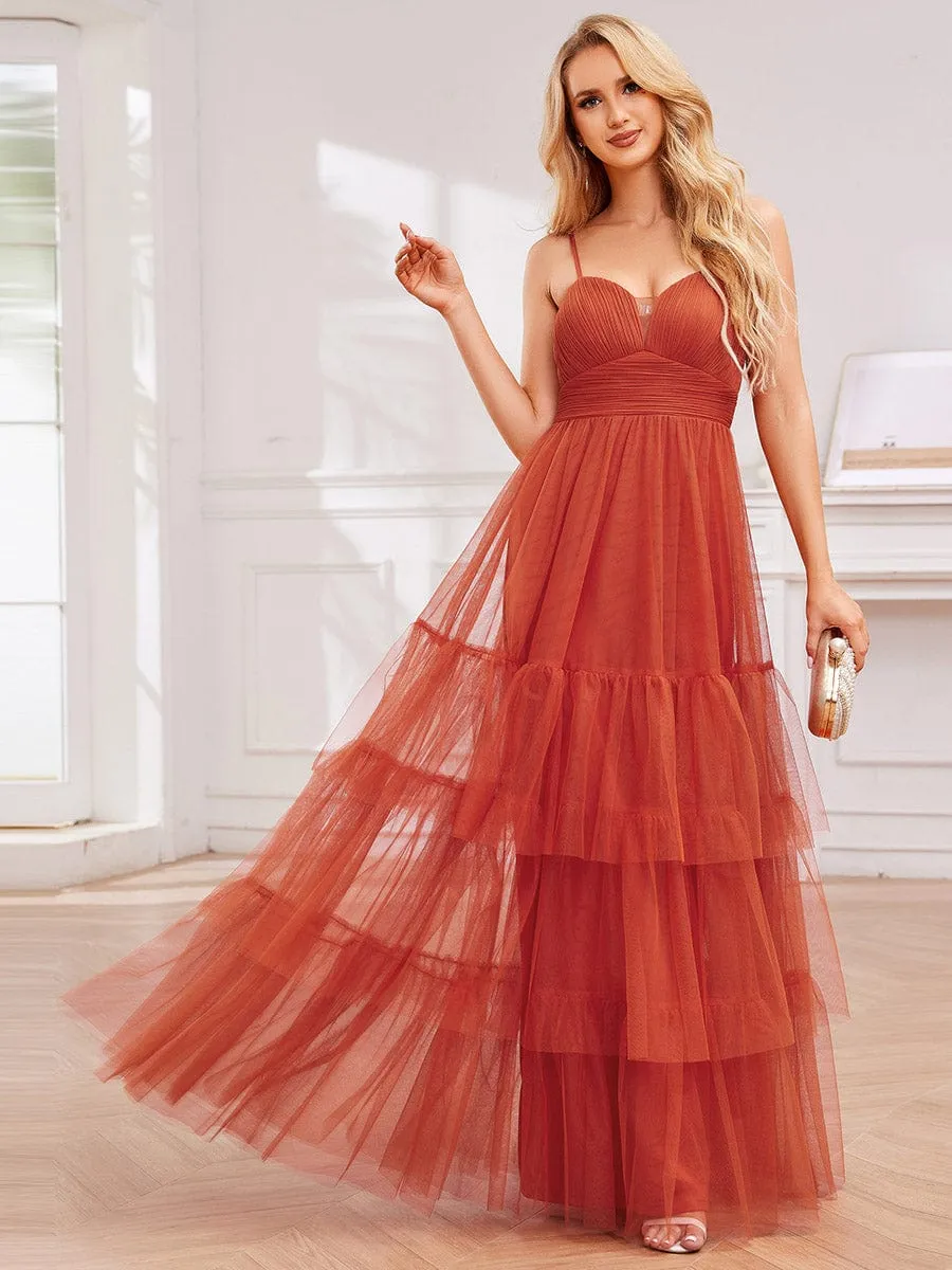 V Neck Tiered Tulle Spaghetti Strap Bridesmaid Dress