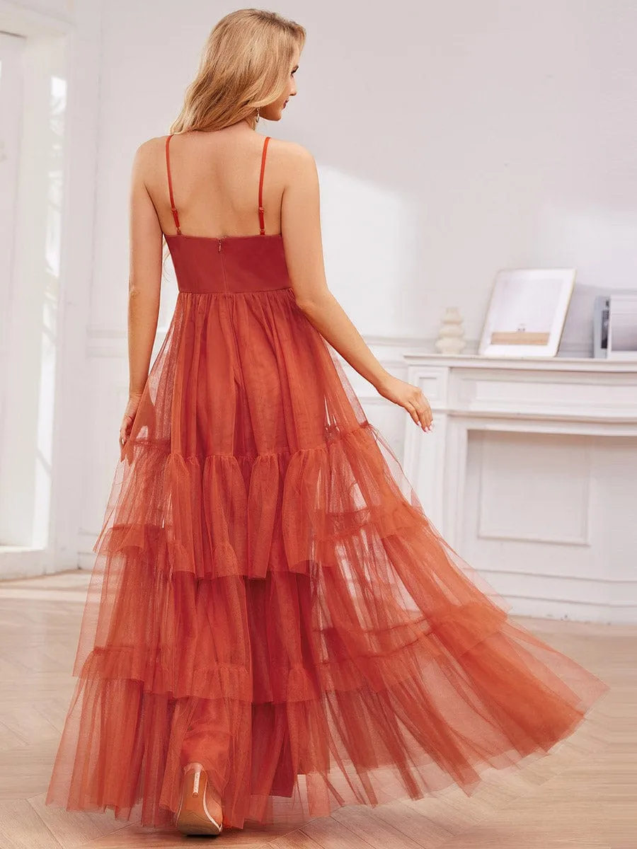 V Neck Tiered Tulle Spaghetti Strap Bridesmaid Dress