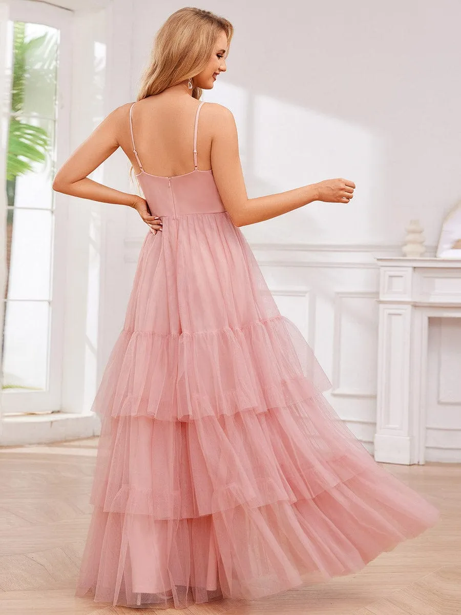 V Neck Tiered Tulle Spaghetti Strap Bridesmaid Dress