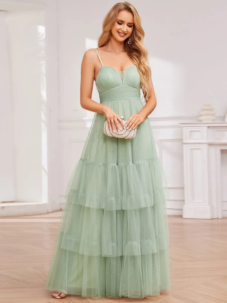 V Neck Tiered Tulle Spaghetti Strap Bridesmaid Dress