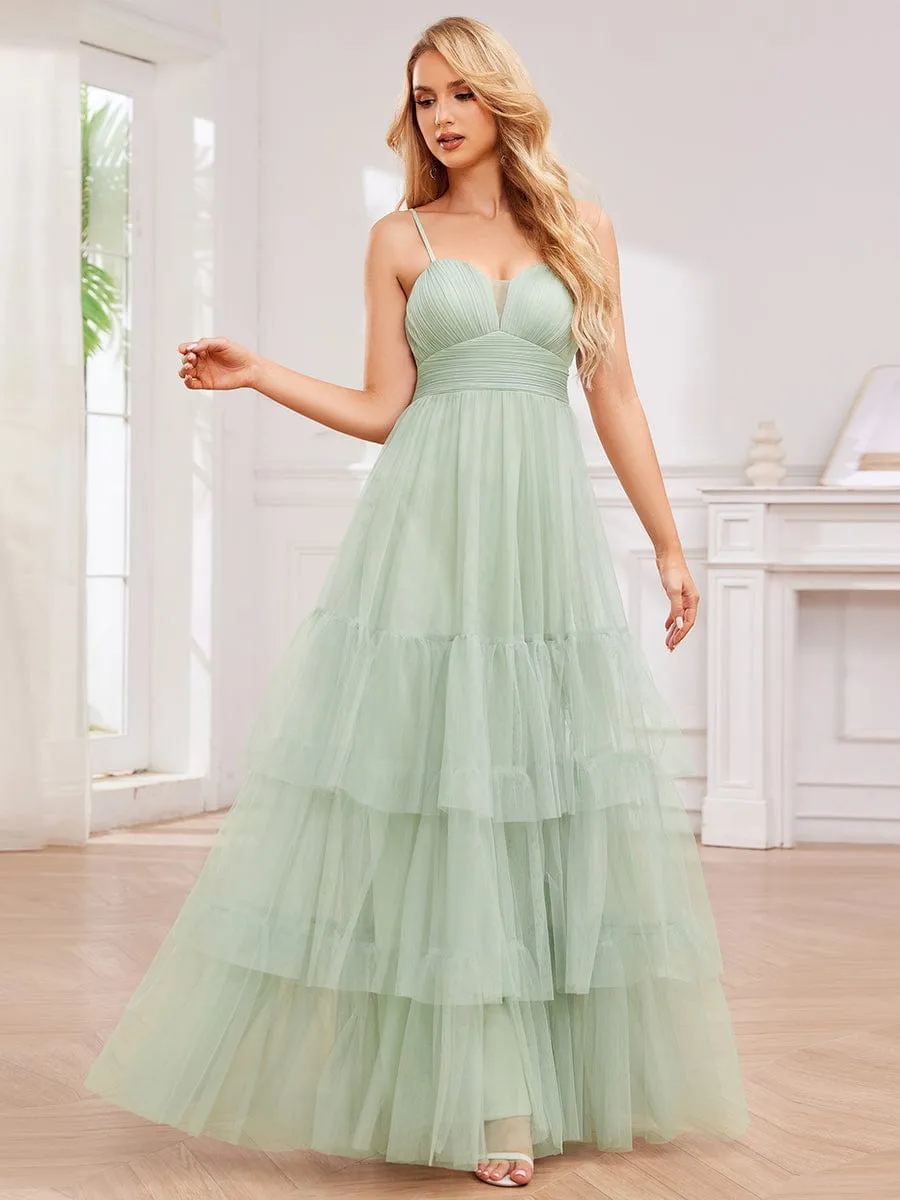 V Neck Tiered Tulle Spaghetti Strap Bridesmaid Dress