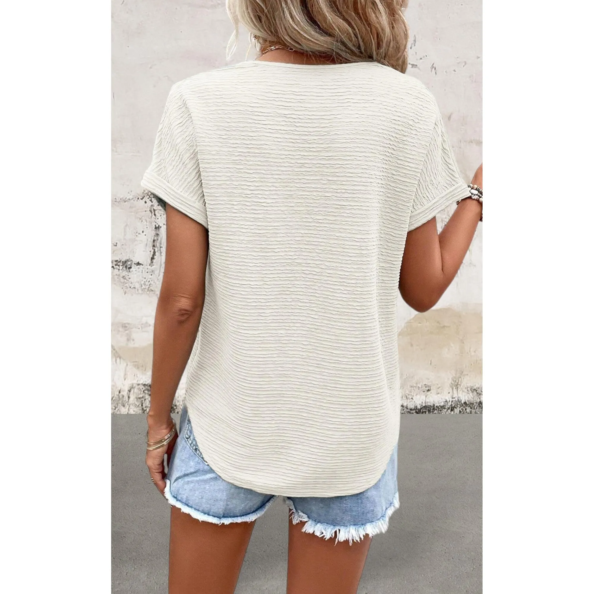 Wide Sleeve Khaki Textured V Neck Top